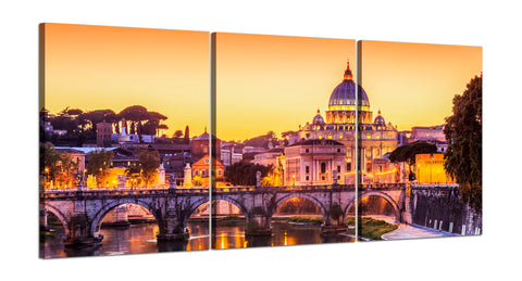 Quadri Stampa su Tela con Telaio in Legno 3 pezzi Roma Basilica di San Pietro al tramonto