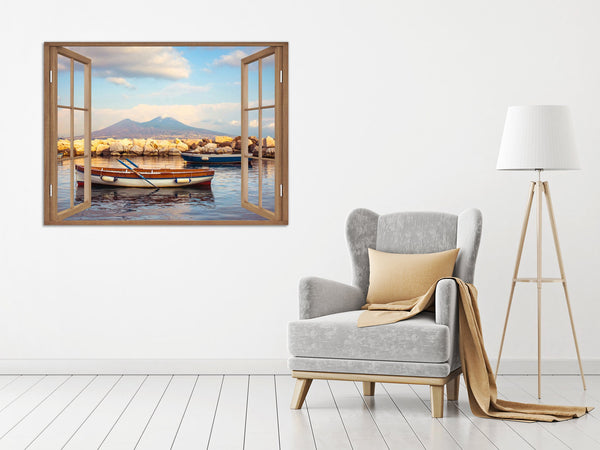 Quadro Finestra golfo di napoli vesuvio 100x75 cm Stampa su Tela con Telaio in Legno Arredamento Arte Arredo Moderno - Made in Italy