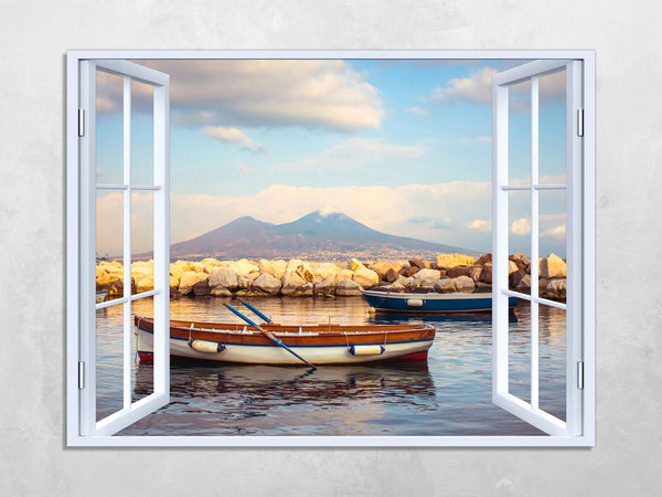 Quadro Finestra golfo di napoli vesuvio 100x75 cm Stampa su Tela con Telaio in Legno Arredamento Arte Arredo Moderno - Made in Italy