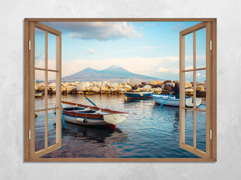 Quadro Finestra golfo di napoli vesuvio 100x75 cm Stampa su Tela con Telaio in Legno Arredamento Arte Arredo Moderno - Made in Italy