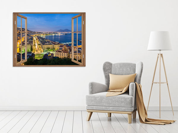 Quadro Finestra golfo di napoli vesuvio 100x75 cm Stampa su Tela con Telaio in Legno Arredamento Arte Arredo Moderno - Made in Italy