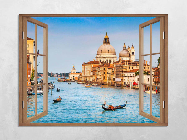 Quadro Finestra venezia canal grande 100x75 cm Stampa su Tela con Telaio in Legno Arredamento Arte Arredo Moderno - Made in Italy