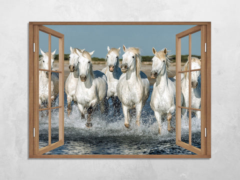 Quadro Finestra cavalli spiaggia  100x75 cm Stampa su Tela con Telaio in Legno Arredamento Arte Arredo Moderno - Made in Italy