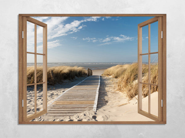 Quadro Finestra paesaggio mare spiaggia 100x75 cm Stampa su Tela con Telaio in Legno Arredamento Arte Arredo Moderno - Made in Italy