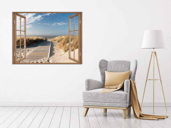 Quadro Finestra paesaggio mare spiaggia 100x75 cm Stampa su Tela con Telaio in Legno Arredamento Arte Arredo Moderno - Made in Italy