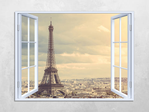 Quadro Finestra parigi Torre Eiffel 100x75 cm Stampa su Tela con Telaio in Legno Arredamento Arte Arredo Moderno - Made in Italy