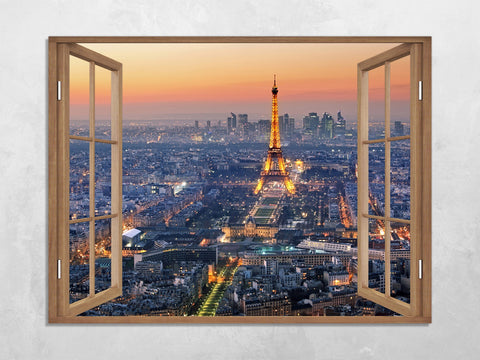 Quadro Finestra parigi Torre Eiffel 100x75 cm Stampa su Tela con Telaio in Legno Arredamento Arte Arredo Moderno - Made in Italy