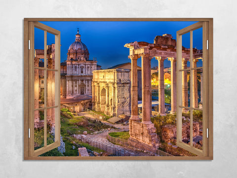 Quadro Finestra roma 100x75 cm Stampa su Tela con Telaio in Legno Arredamento Arte Arredo Moderno - Made in Italy