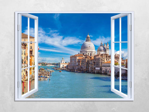 Quadro Finestra venezia canal grande 100x75 cm Stampa su Tela con Telaio in Legno Arredamento Arte Arredo Moderno - Made in Italy