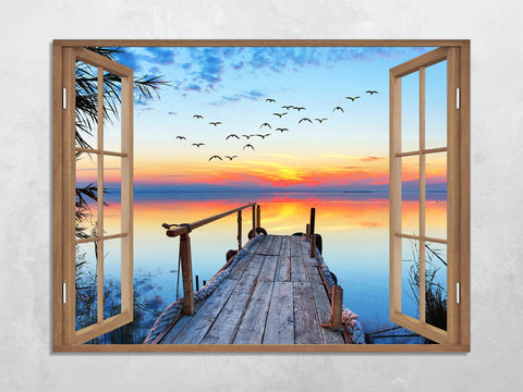 Quadro Finestra tramonto pontile 100x75 cm Stampa su Tela con Telaio in Legno Arredamento Arte Arredo Moderno - Made in Italy