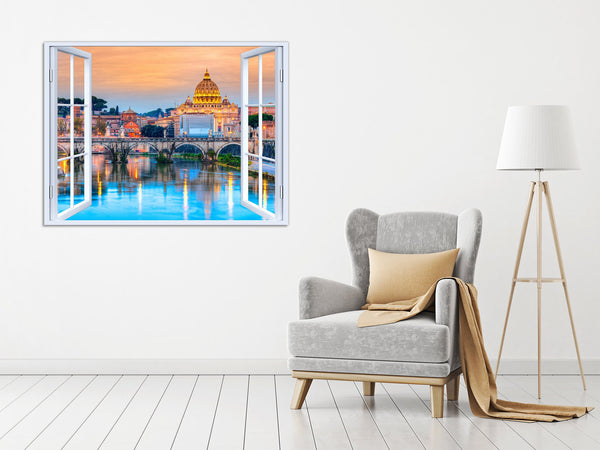 Quadro Finestra roma 100x75 cm Stampa su Tela con Telaio in Legno Arredamento Arte Arredo Moderno - Made in Italy