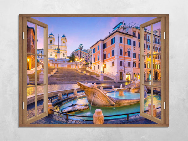 Quadro Finestra roma 100x75 cm Stampa su Tela con Telaio in Legno Arredamento Arte Arredo Moderno - Made in Italy