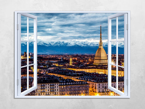 Quadro Finestra torino  100x75 cm Stampa su Tela con Telaio in Legno Arredamento Arte Arredo Moderno - Made in Italy