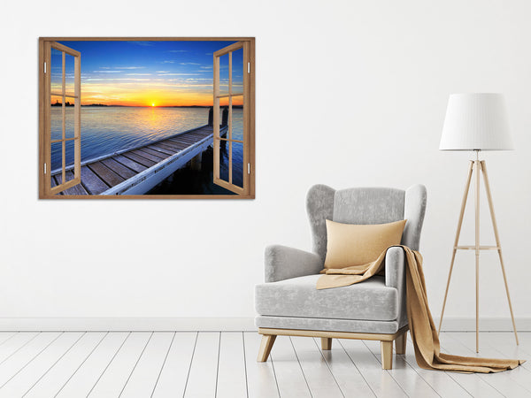 Quadro Finestra tramonto mare 100x75 cm Stampa su Tela con Telaio in Legno Arredamento Arte Arredo Moderno - Made in Italy