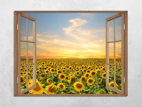 Quadro Finestra campo di girasoli 100x75 cm Stampa su Tela con Telaio in Legno Arredamento Arte Arredo Moderno - Made in Italy