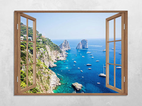 Quadro Finestra capri 100x75 cm Stampa su Tela con Telaio in Legno Arredamento Arte Arredo Moderno - Made in Italy