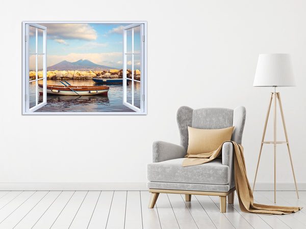 Quadro Finestra golfo di napoli vesuvio 100x75 cm Stampa su Tela con Telaio in Legno Arredamento Arte Arredo Moderno - Made in Italy