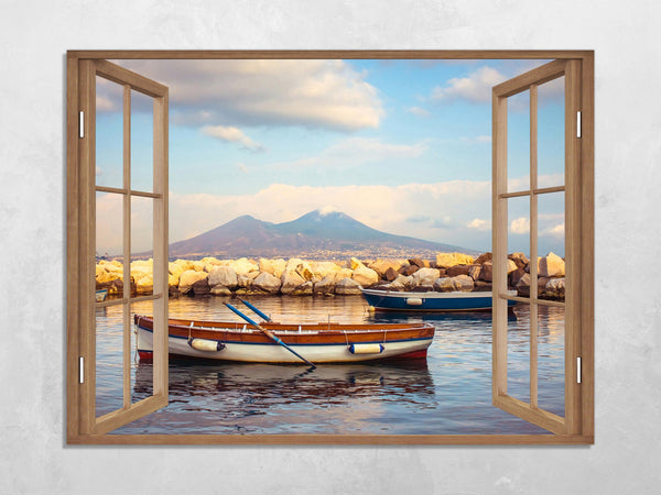 Quadro Finestra golfo di napoli vesuvio 100x75 cm Stampa su Tela con Telaio in Legno Arredamento Arte Arredo Moderno - Made in Italy