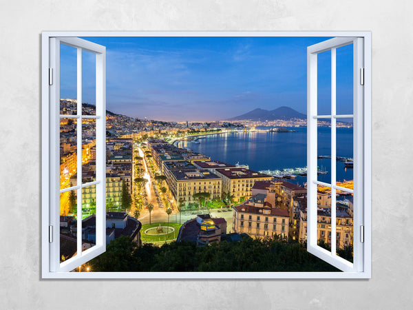 Quadro Finestra golfo di napoli vesuvio 100x75 cm Stampa su Tela con Telaio in Legno Arredamento Arte Arredo Moderno - Made in Italy