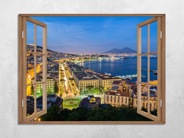 Quadro Finestra golfo di napoli vesuvio 100x75 cm Stampa su Tela con Telaio in Legno Arredamento Arte Arredo Moderno - Made in Italy