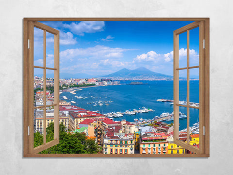 Quadro Finestra golfo di napoli vesuvio 100x75 cm Stampa su Tela con Telaio in Legno Arredamento Arte Arredo Moderno - Made in Italy