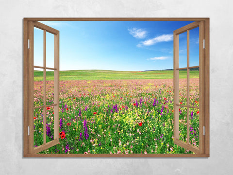 Quadro Finestra paesaggio campo fiorito 100x75 cm Stampa su Tela con Telaio in Legno Arredamento Arte Arredo Moderno - Made in Italy