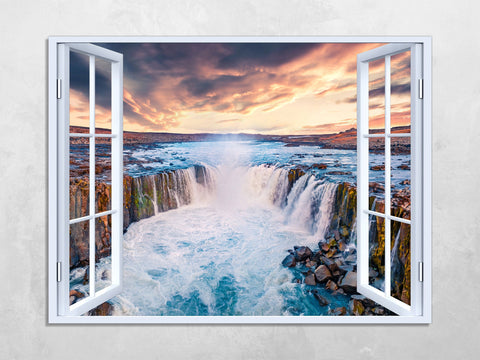 Quadro Finestra paesaggio cascate tramonto 100x75 cm Stampa su Tela con Telaio in Legno Arredamento Arte Arredo Moderno - Made in Italy