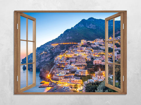 Quadro Finestra Costiera Amalfitana 100x75 cm Stampa su Tela con Telaio in Legno Arredamento Arte Arredo Moderno - Made in Italy