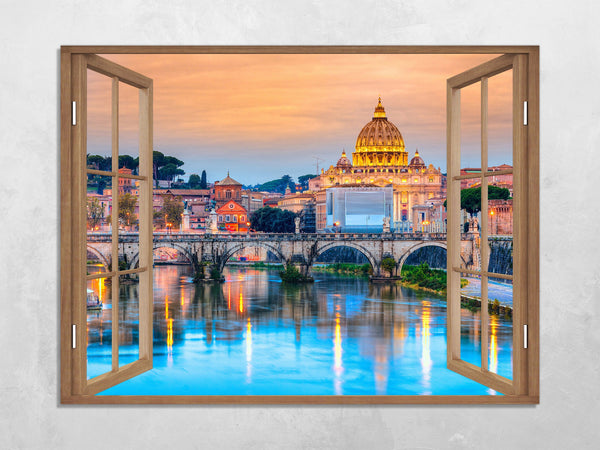 Quadro Finestra roma 100x75 cm Stampa su Tela con Telaio in Legno Arredamento Arte Arredo Moderno - Made in Italy