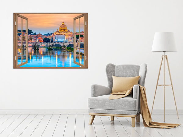 Quadro Finestra roma 100x75 cm Stampa su Tela con Telaio in Legno Arredamento Arte Arredo Moderno - Made in Italy