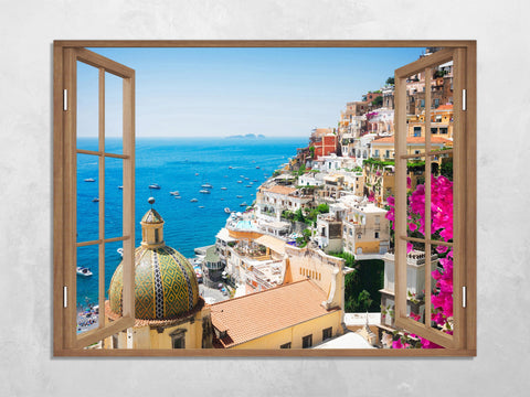 Quadro Finestra Costiera Amalfitana 100x75 cm Stampa su Tela con Telaio in Legno Arredamento Arte Arredo Moderno - Made in Italy