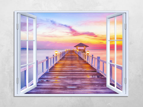 Quadro Finestra tramonto mare 100x75 cm Stampa su Tela con Telaio in Legno Arredamento Arte Arredo Moderno - Made in Italy