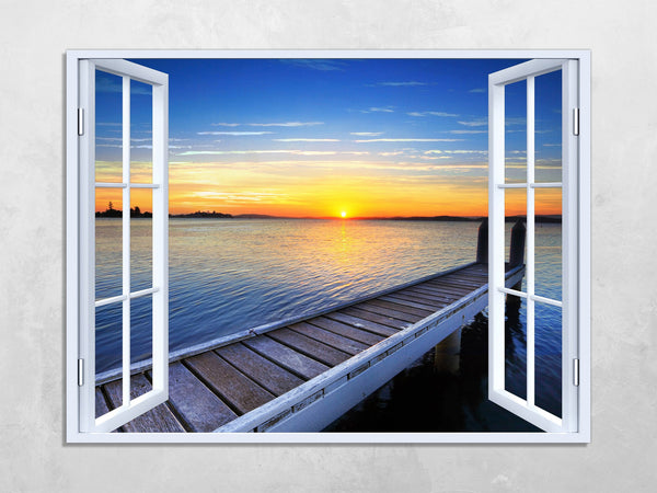 Quadro Finestra tramonto mare 100x75 cm Stampa su Tela con Telaio in Legno Arredamento Arte Arredo Moderno - Made in Italy