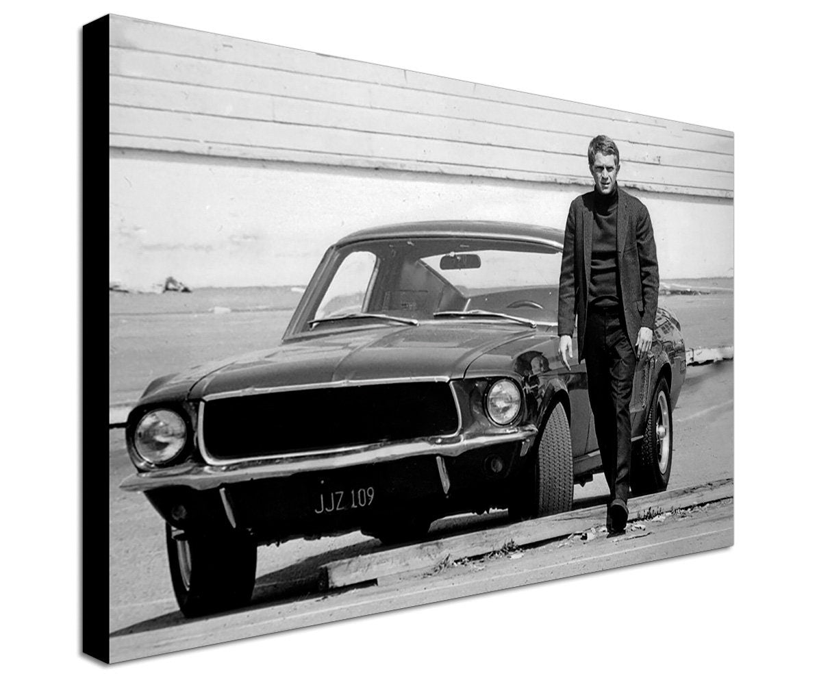 Steve Mcqueen Ford Mustang Bullitt Movie - Canvas Wall Art Framed Print - Various Sizes