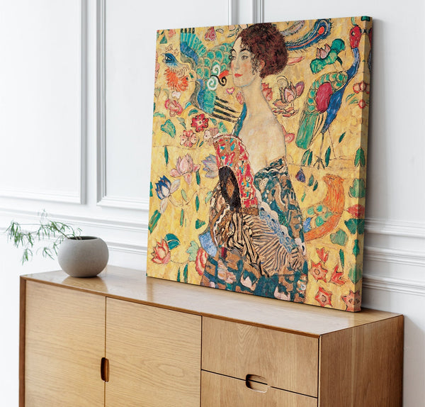 Quadro Stampa su Tela con Telaio in Legno Gustav Klimt - Dama con ventaglio