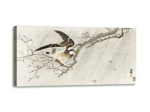Quadro Stampa su Tela con Telaio in Legno Ohara Koson - Gray starling in storm