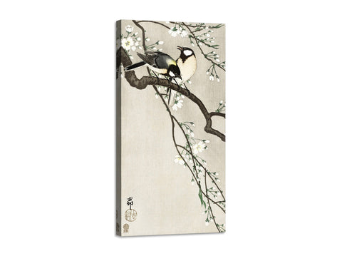 Quadro Stampa su Tela con Telaio in Legno Ohara Koson - Tits on Cherry Branch