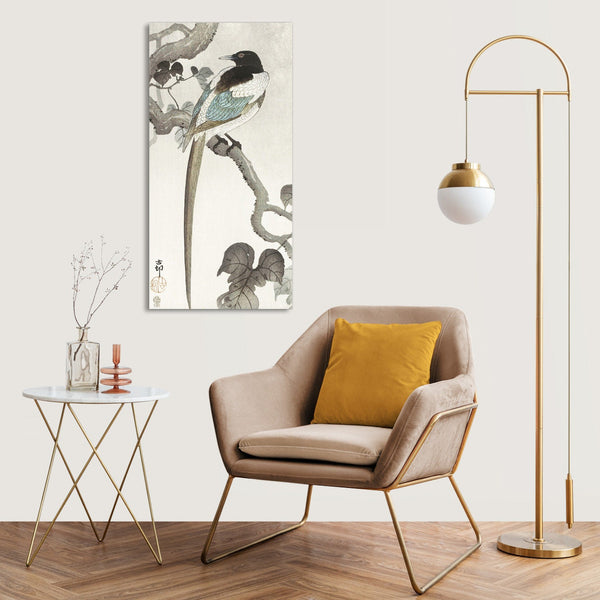 Quadro Stampa su Tela con Telaio in Legno Ohara Koson - Magpie on tree branch