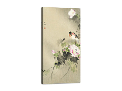 Quadro Stampa su Tela con Telaio in Legno Ohara Koson - Bird and caterpillar