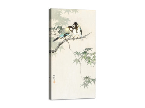 Quadro Stampa su Tela con Telaio in Legno Ohara Koson - Great tits on maple branch