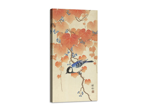 Quadro Stampa su Tela con Telaio in Legno Ohara Koson - Great tit on paulownia branch