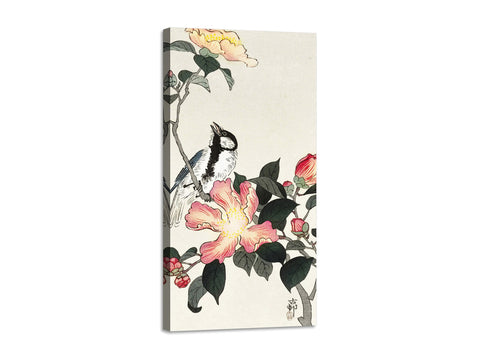 Quadro Stampa su Tela con Telaio in Legno Ohara Koson - Great tit on branch with pink flowers