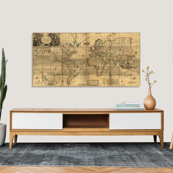 Quadro Stampa su Tela con Telaio in Legno Herman Moll - A New & Correct Map of the Whole World