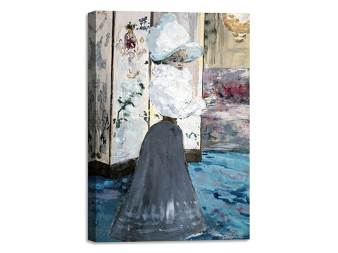 Quadro Stampa su Tela con Telaio in Legno Henry Somm - Woman holding a cup in front of a Japanese folding screen