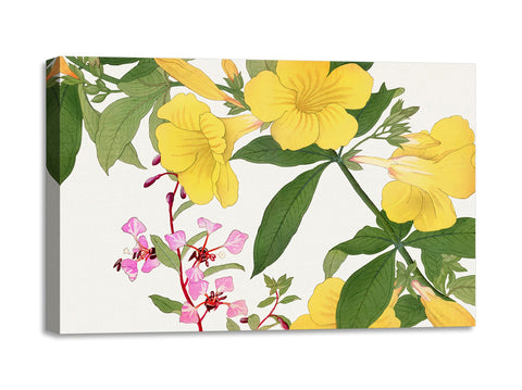 Quadro Stampa su Tela con Telaio in Legno Seiyo Soka Zufu - Vintage clarkia & allamanda flower