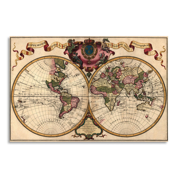 Quadro Stampa su Tela con Telaio in Legno Guillaume De LIsle - World Map Prepared for then French King