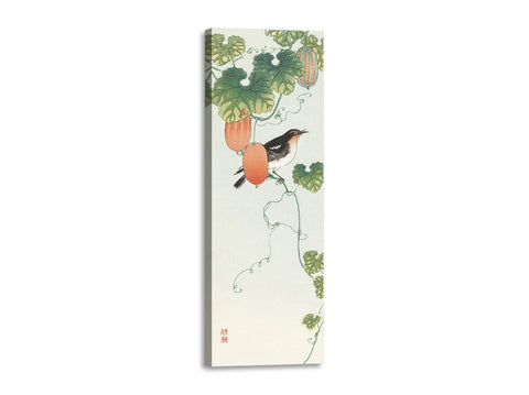 Quadro Stampa su Tela con Telaio in Legno Ohara Koson - Songbird in cucumber plant