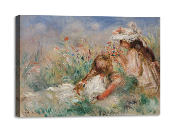 Quadro Stampa su Tela con Telaio in Legno Pierre-Auguste Renoir - Girls in the Grass Arranging a Bouquet