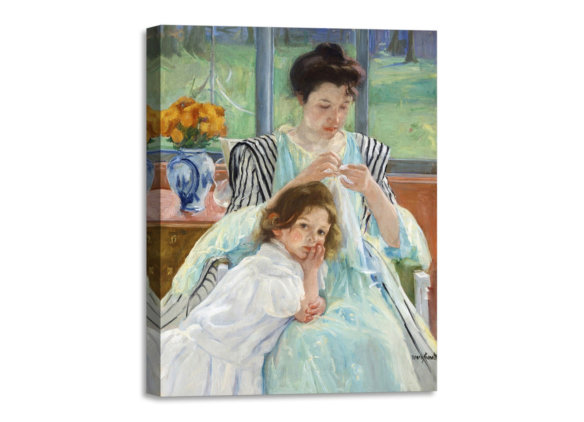 Quadro Stampa su Tela con Telaio in Legno Mary Cassatt - Young Mother Sewing