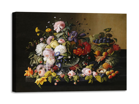 Quadro Stampa su Tela con Telaio in Legno Severin Roesen - Flowers and Fruit